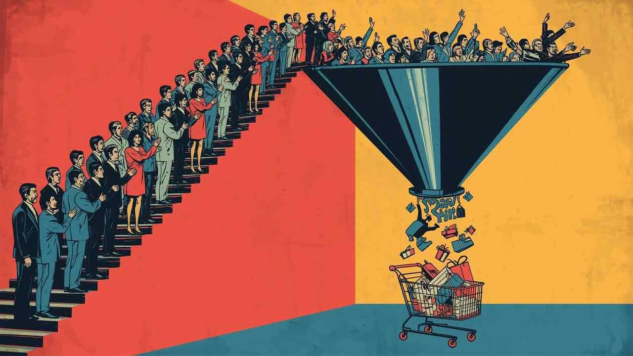 a line of people goin up a stairwell into a funnel and a shopping cart full of presents at the bottom